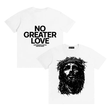 Front and back views of EASTER DROP | NO GREATER LOVE Pure Cotton Tee, with the front view in the foreground.