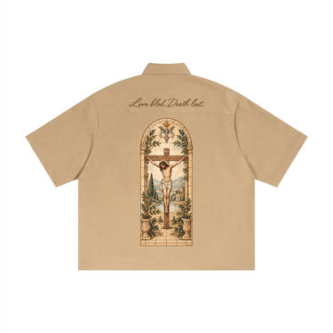 "LOVE BLED. DEATH LOST." Boxy Short Sleeve Button-Front Shirt